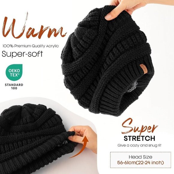 ?Furtalk Slouchy Beanies Women Black Winter Satin Cable Knit Chunky Warm Caps